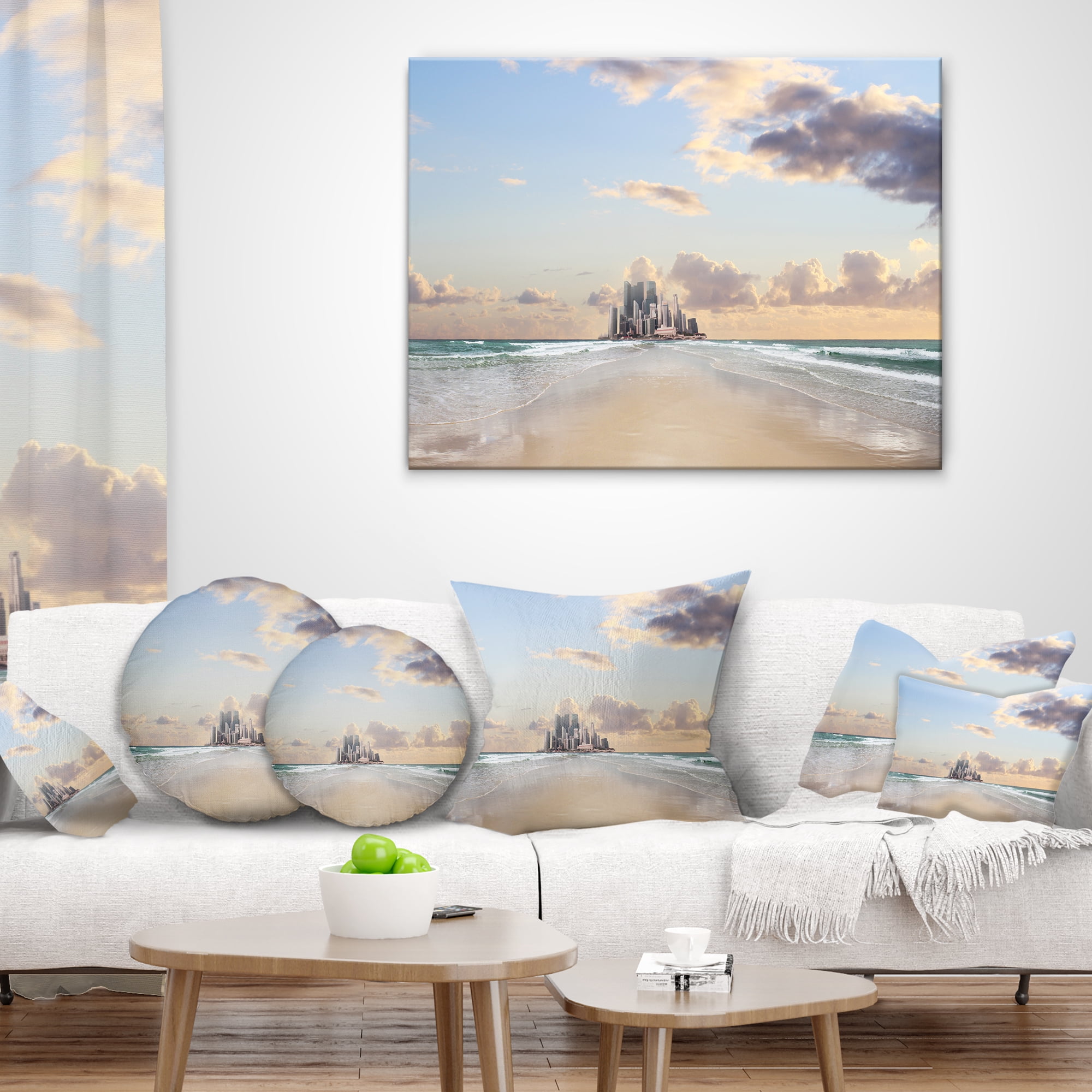 Designart Road along the Beach to City - Modern Seascape Throw Pillow - 18x18