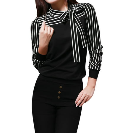 Allegra K Juniors Self Tie Bow Stand Collar Stripe Long Sleeve Shirt Black (Size M /