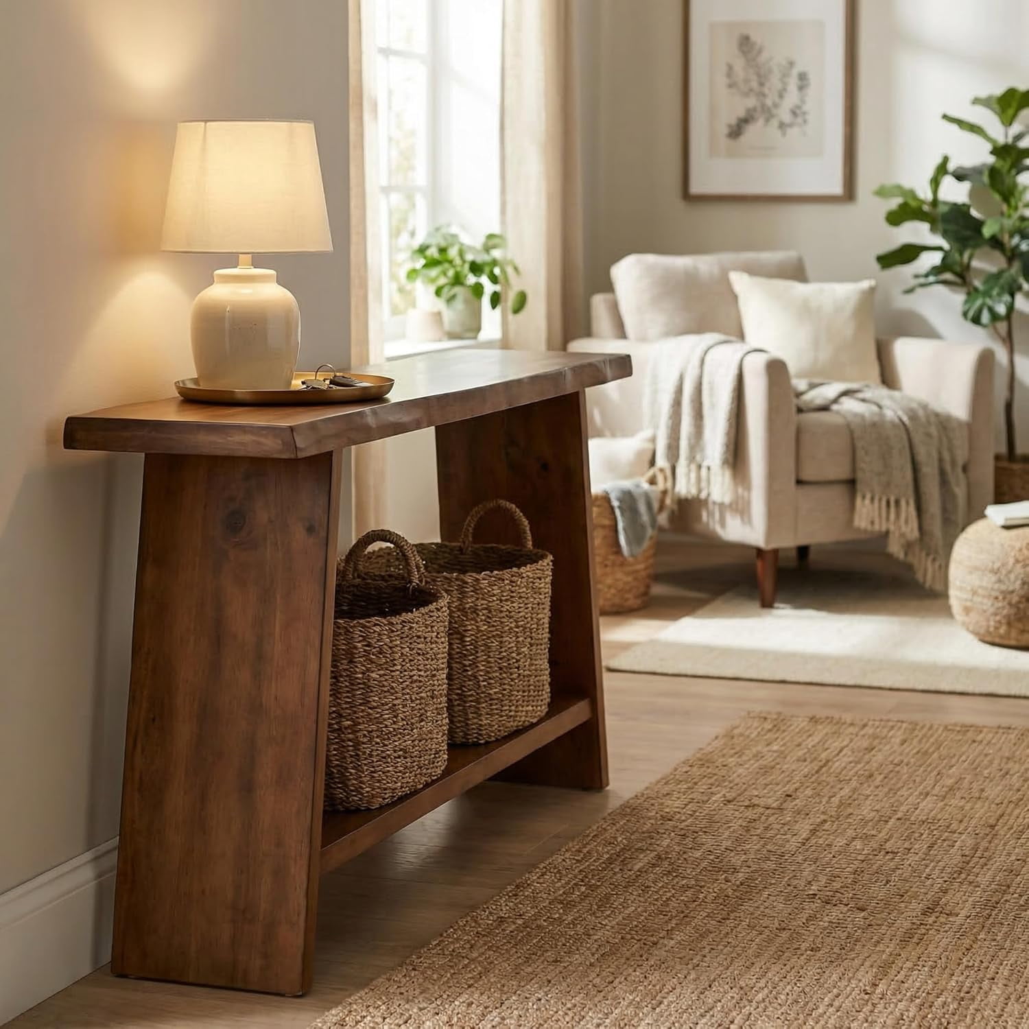 63" Solid Wood Console Table with 2-Tier Storage, Narrow Entryway Table, Slim Sofa Table for Hallway, Living Room, Foyer, Brown