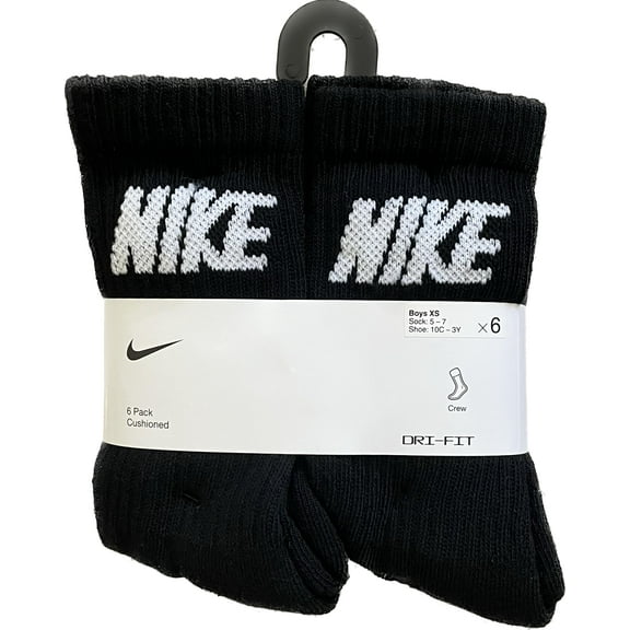 Nike Kid's Comfortable Crew Cushioned Socks, Black (6 Pack)