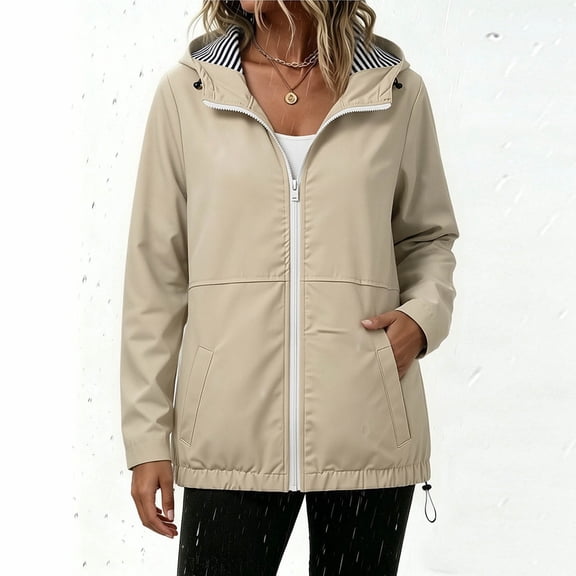 FDGIU Women's Hooded Zip Up Lightweight Windbreaker Jacket, Drawstring Hem Loose Casual Outerwear Coat with Side Pockets for Spring Fall Outdoor Travel Daily Layering