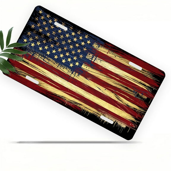 License Plate, Grunge American Flag Decorative Front,Personalized Stainless Steel License Plate Cover For Men Women,12.2" X 6.2"