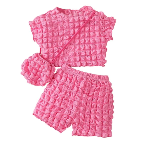Baby Outfits Girl Toddler Baby Girls Summer Solid Round Neck Sleeve Top Shorts Bag 3 Piece Set Casual Playwear Baby Girl Outfit Red 3 Years-4 Years