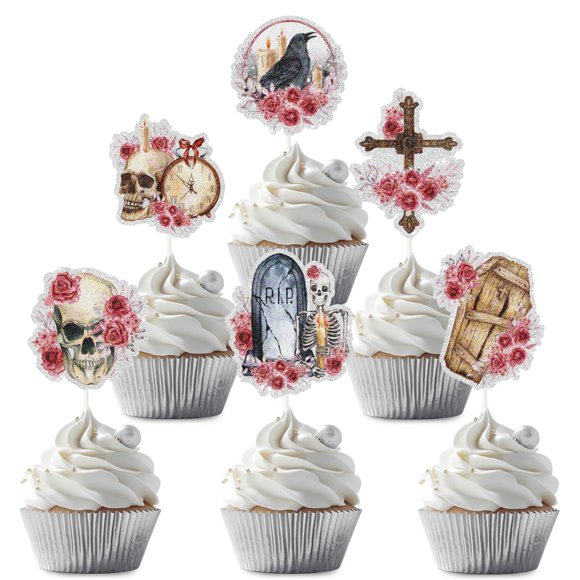 Decoración para magdalenas LECAKTO con forma de calavera gótica con forma de rosa, 18 piezas, Hallow