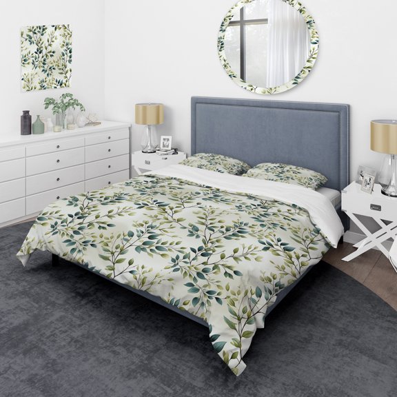 Designart "Vines In A Tranquil Setting" Green Plants Bedding Covert Set - Bohemian & Eclectic Bed Set With 2 Shams