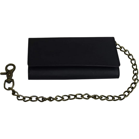 Swiss Marshall RFID Blocking Mens Tri-fold Long Style Crazy Horse Leather Steel Chain WalletBlack