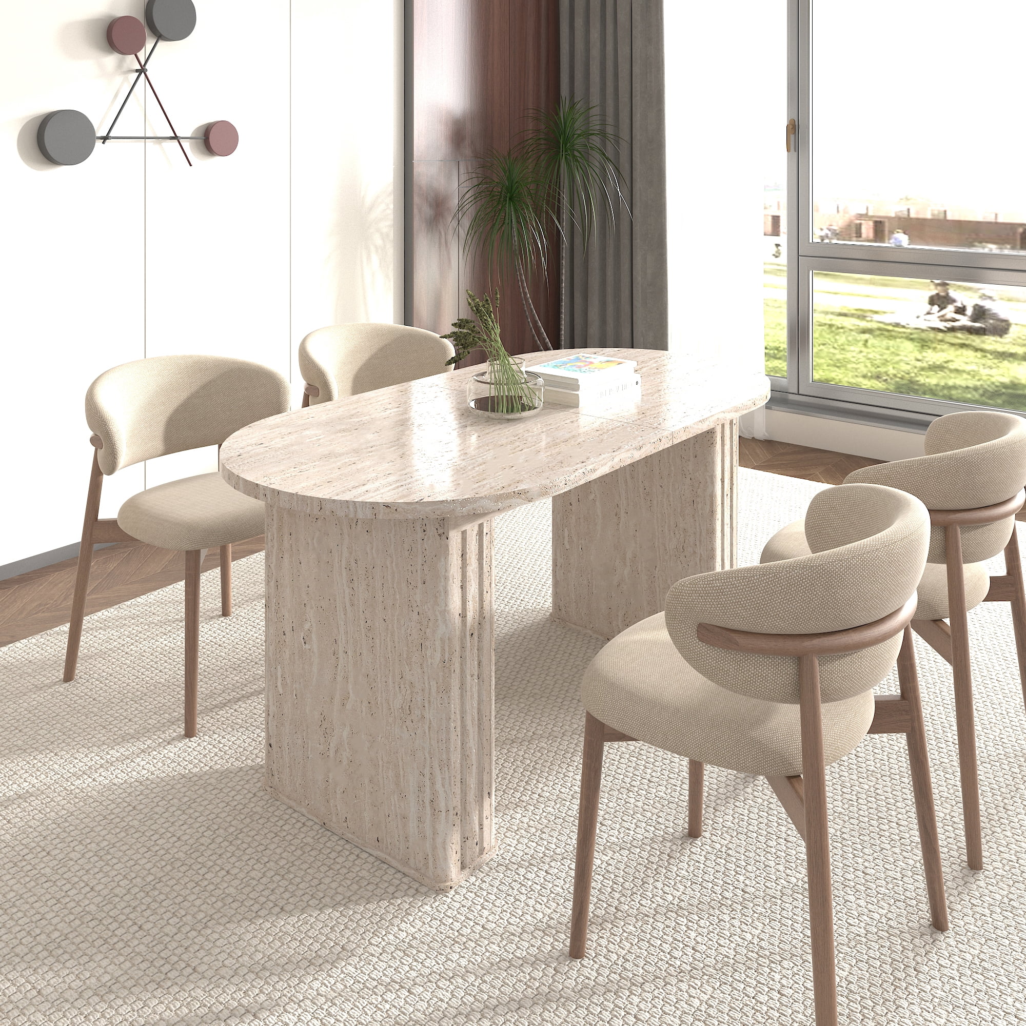 Extendable Oval Dining Table for 4-8 People, Travertine-Inspired Kitchen Table with Wooden Strip Base, Beige MDF Expandable Table for Family Living Room