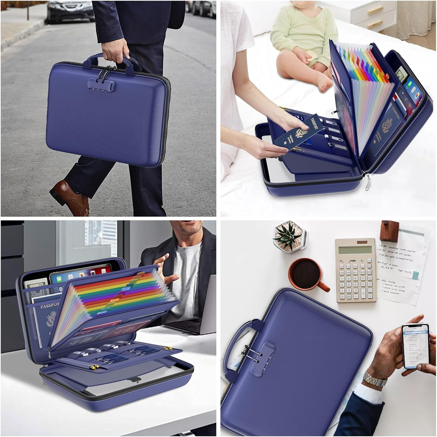 Fireproof File Organizer with Lock, Hard-Shell Case Fireproof Document Box with 13 Pocket Accordion File Folder, Portable Home Office Travel Safe Storage for Important Documents Laptop Blue