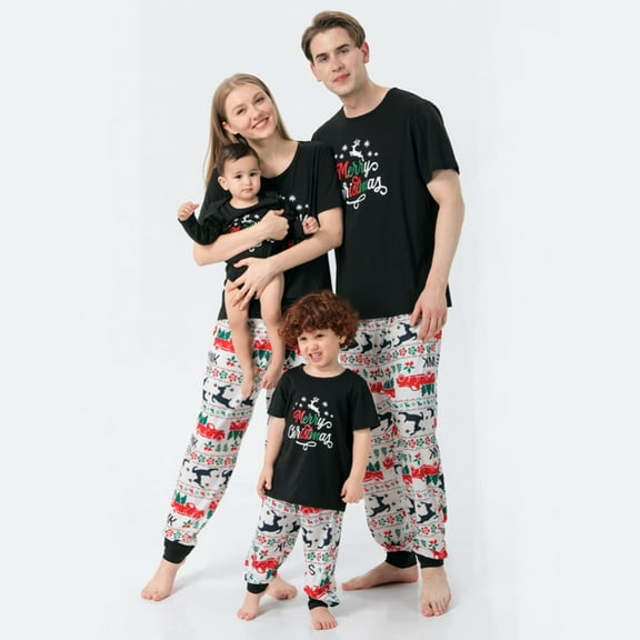 URMAGIC Matching Family Pajamas Sets Christmas PJ's with Short Sleeve Black Tee Tops and Print Pants Loungewear Sleepwear