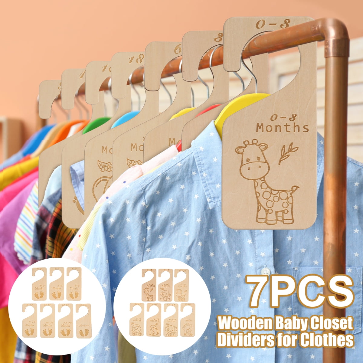 Hands DIY 7Pcs Wooden Baby Closet, Baby Closet Dividers DoubleSided Baby Clothing Dividers from