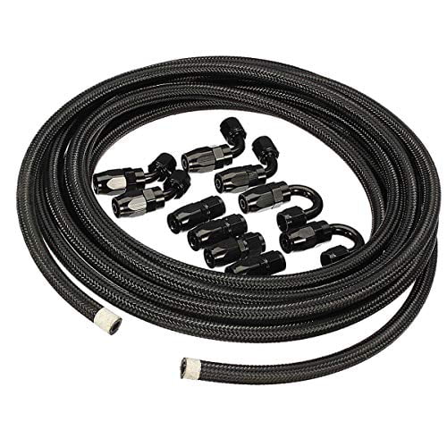 Black Wollvon 6AN 20FT Fuel Line Hose Fitting Kit Nylon Stainless Steel Braided an6 3/8 Fuel Line 20FT Oil Gas Fuel Hose End Fitting with 10PCS 6an Swivel Fuel Hose Adapter Kit 