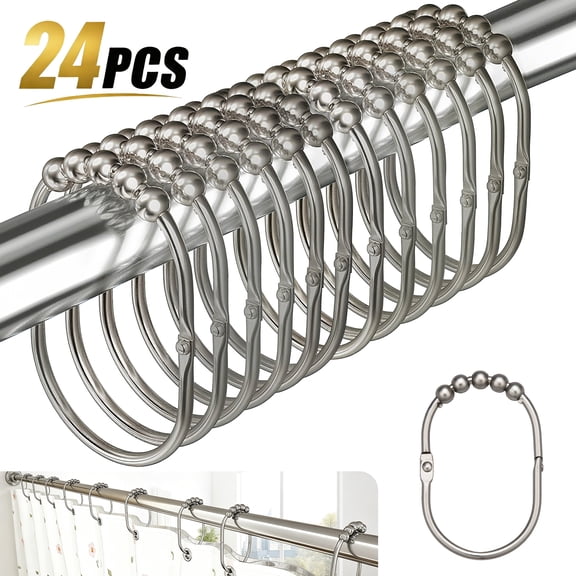 Godance 24 Pack Shower Curtain Rings & Hooks, Stainless Steel Rust-Proof Heavy-Duty Wide Rings, Easy Glide Rollers Fit Thick, Straight & Curved Oversized Bathroom Shower Rods, Matte Nickel