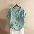 thumbnail image 2 of CHOK Plus Hauts pour Femmes Chic Décontracté Coton Lin Grande Taille Col Rond Tuniques pour Femmes Imprimé Floral Bouton T-Shirt Basique T-Shirts pour Femmes Manches Courtes Chemisiers d'Été Tendance, 2 of 3