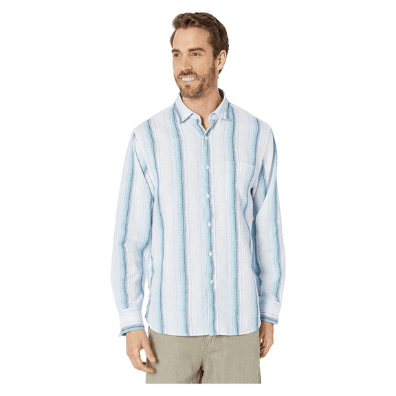 Tommy Bahama Men's Corsica Stripe Stretch-Linen Shirt (White, Medium)