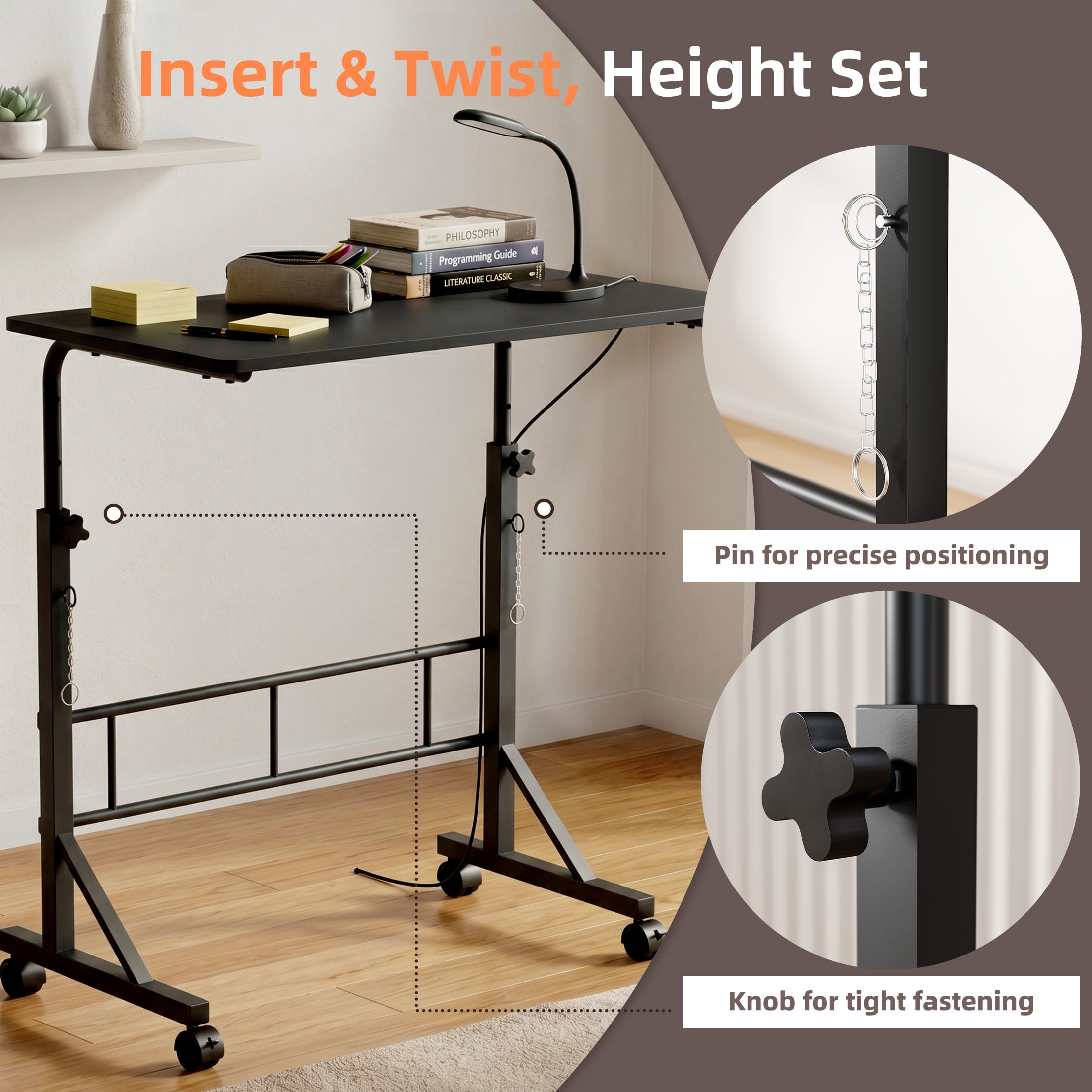 CONCETTA Adjustable Height Mobile Standing Desk with Wheels, 16"x31.5" Small Rolling Computer Desk for Home Office, Black