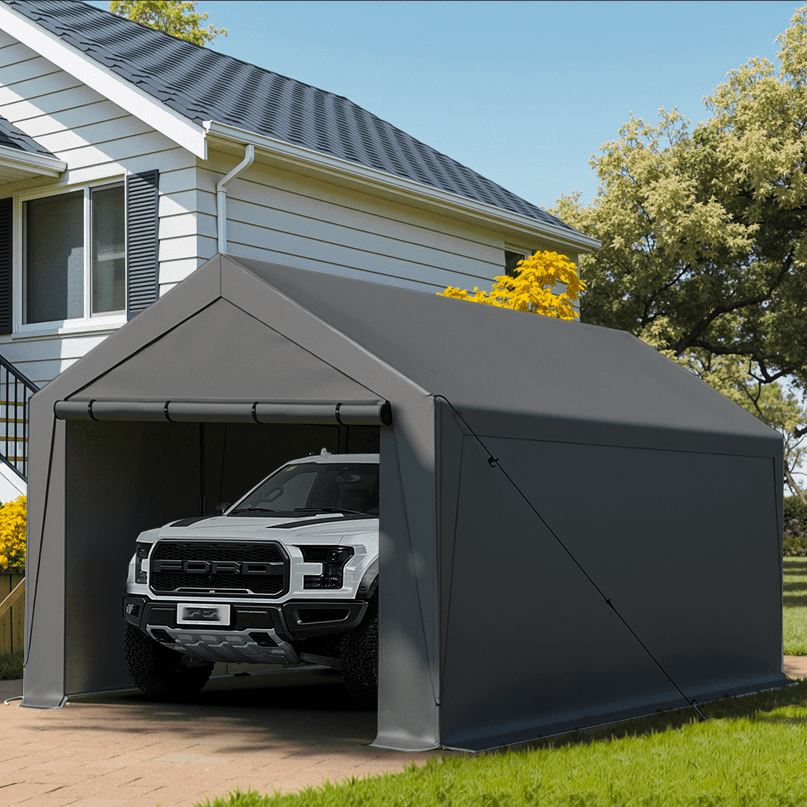 Grezone 10 x 20 ft Outdoor Canopy Carport Portable Car Tent Garage, Grey