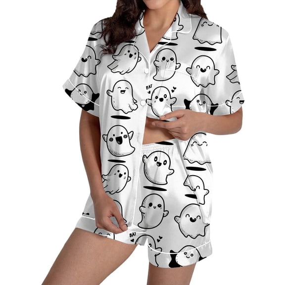 Halloween Pajamas Women Plus Size Satin Loose Fit Elastic Waist Spider Pumpkin Print Halloween Pumpkin Set Short Sleeve Sleepwear Button Down Loungewear 2 Piece Set