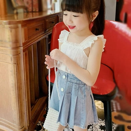 

Bullpiano Korean Kid Girl Denim Skirt Summer Fresh Sweet Light Blue Pleated A-Line Skirt All-Match Casual Simple Children Clothes