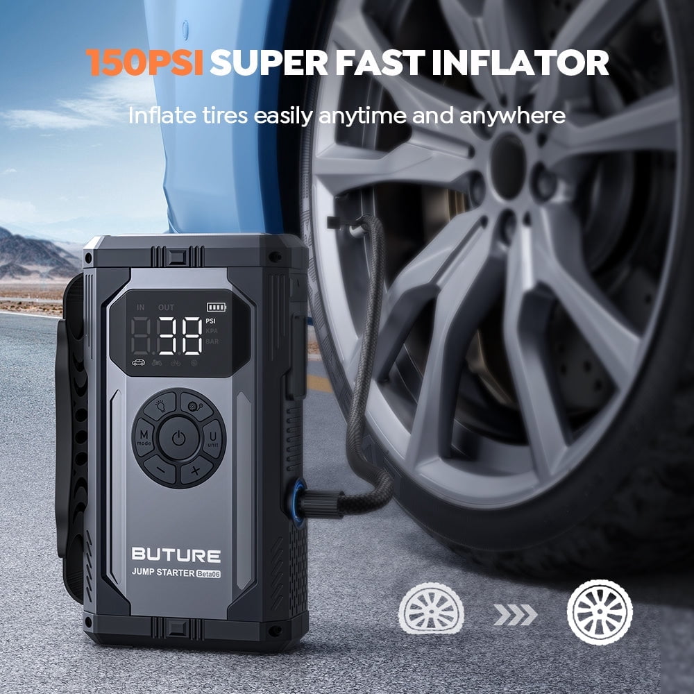 BUTURE 5000A Car Jump Starter with Air Compressor, 150PSI, Portable 12V Battery Booster for All Gas/10L Diesel, LCD Screen, LED Light