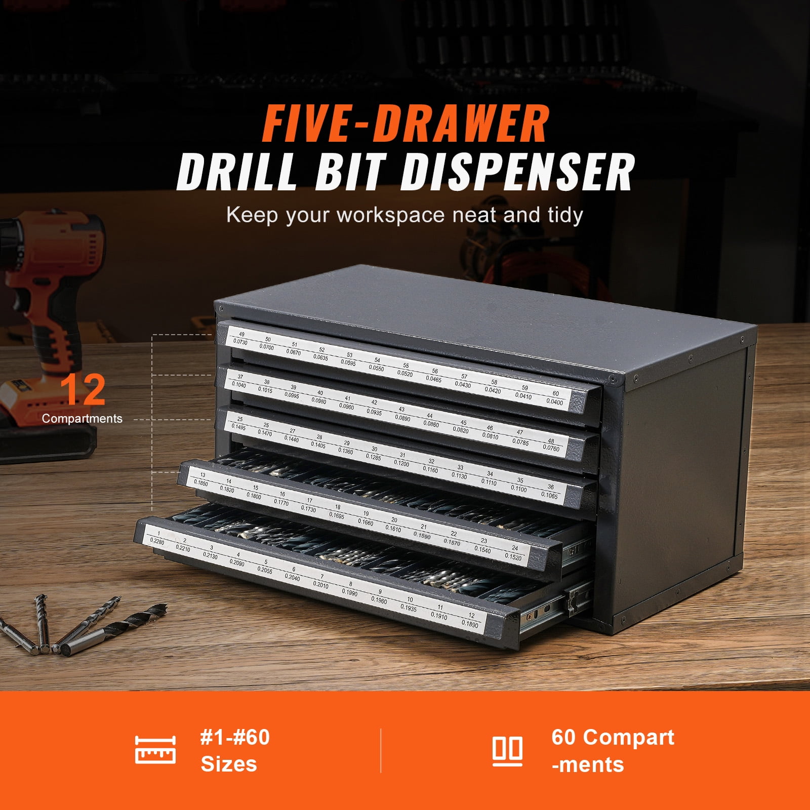 KFFKFF Drill Bit Storage Cabinet, Quintuple-Drawer Organizer for #1 to #60 Steel Drill Bits, Label-Included Stackable Cabinet for Drill Bit Organization