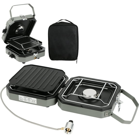 Propane Double Burner Two Burner Camp Stove, 16000 BTU Portable Folding Gas Stove for Camping, With grill, grill pan and carry bag, For camping, home backyard, outdoor cooking
