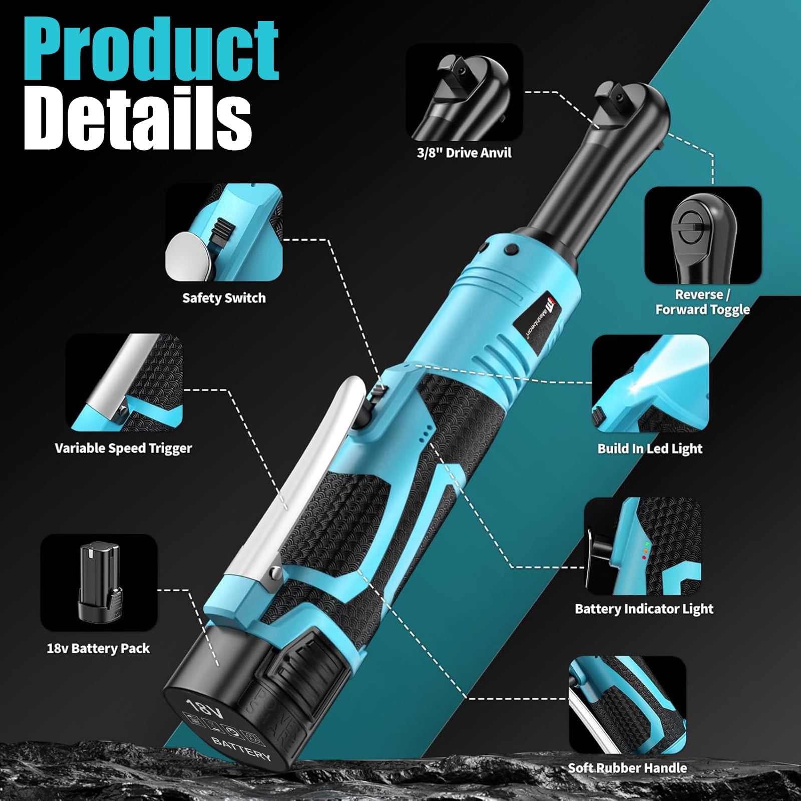 iMeshbean 18V Extended Cordless Ratchet Wrench 1/4 & 3/8" 59 ft-lbs (80 N.m) Electric Impact Wrench 550RPM 2 Battery