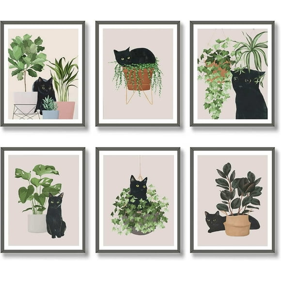 Cute Black Cat Botanical Wall Art, Green Leaves Plants Boho Canvas Paintings, Minimalist Aesthetic Poster Prints Wall Decor Pictures for Living Room Bedroom Office, Unframed (8"x10") Set of 6