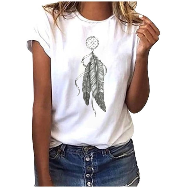 Économies d'Été Cagogo T-Shirts Amples pour Femmes en Liquidation à Moins de 10$ Hauts d'Été Imprimé Plume Manches Courtes T-Shirts Graphiques Col Rond Basiques Tendance Chemises de Printemps Cadeaux pour Maman