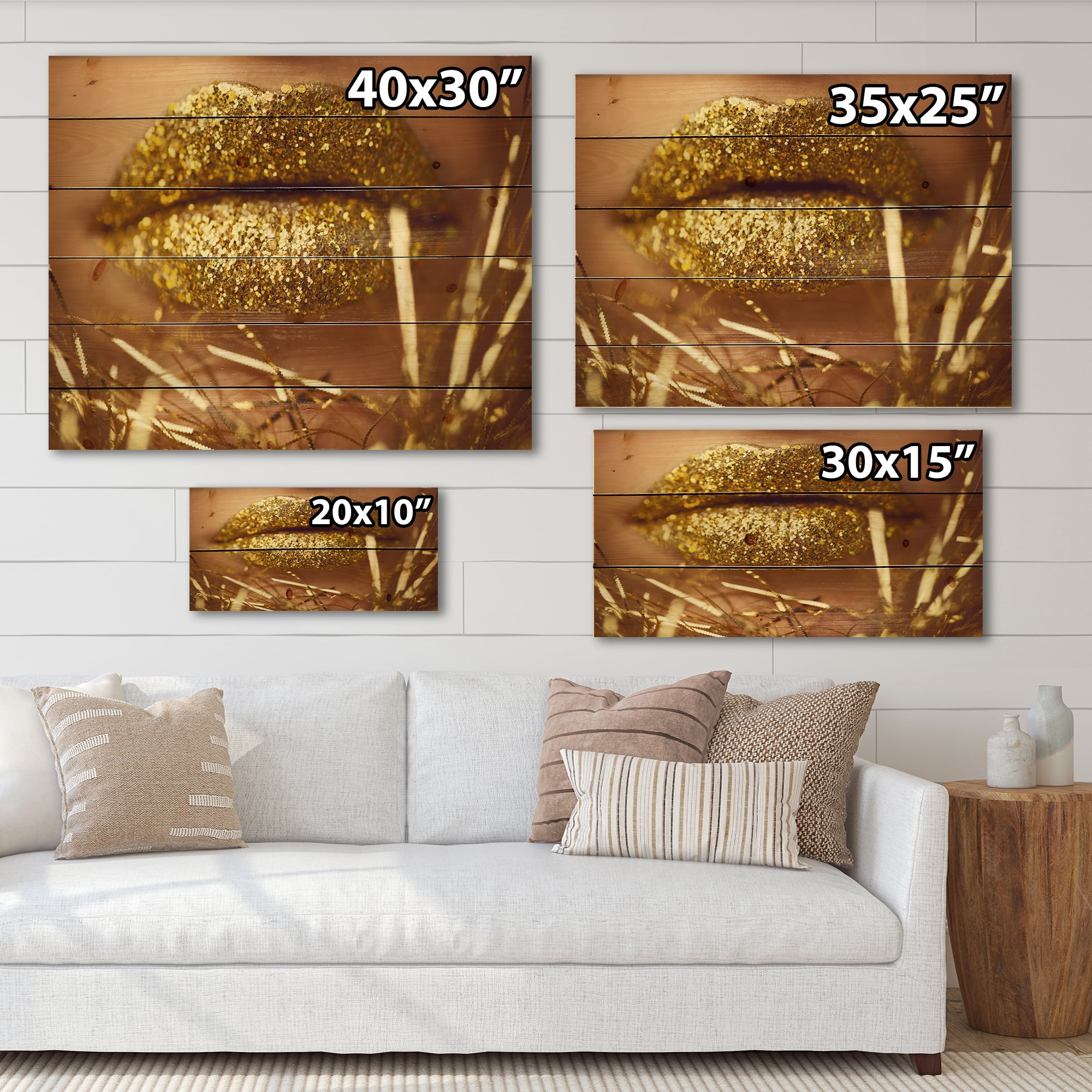Designart 'Golden Female Lips' Modern Print on Natural Pine Wood