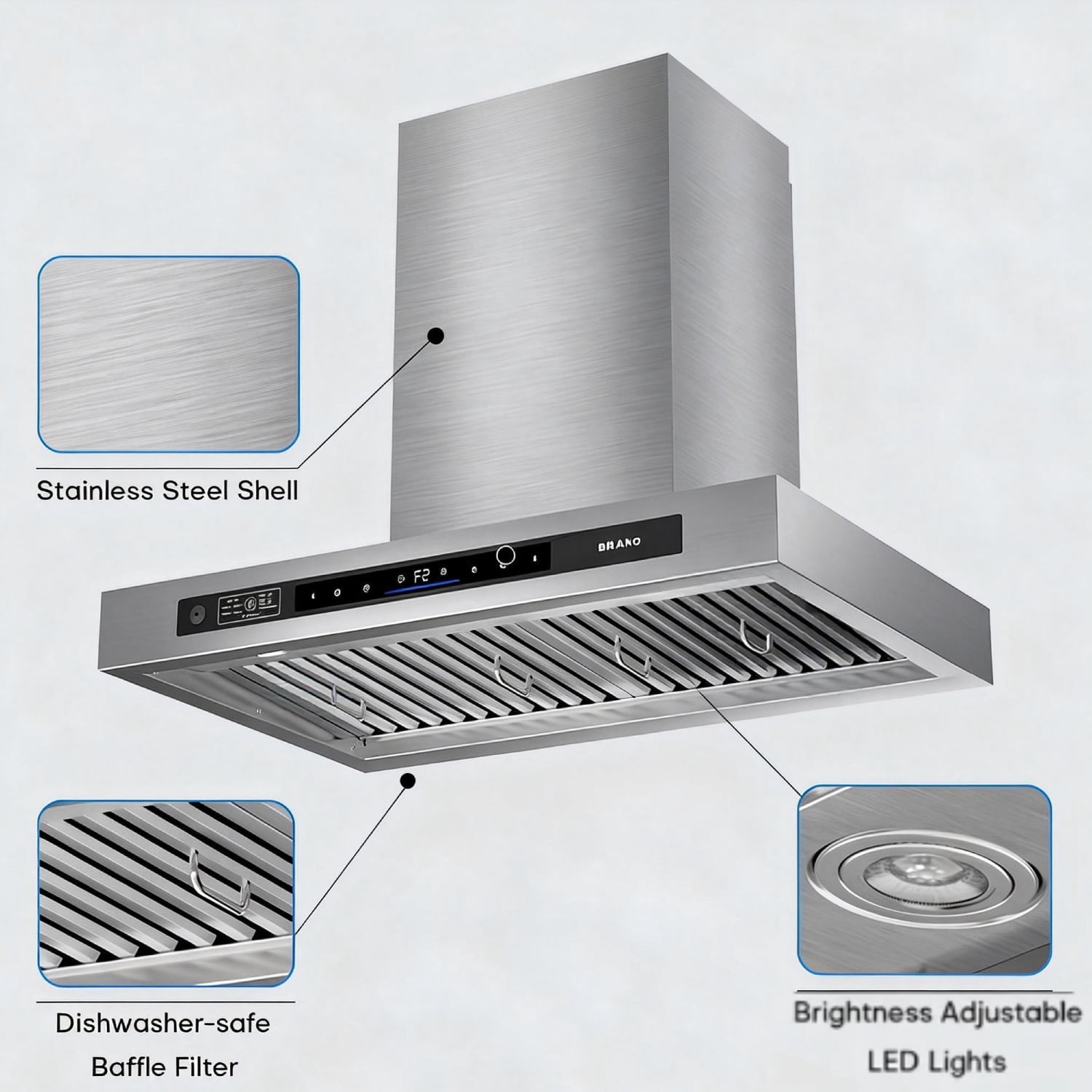 BRANO 36-inch Stainless Steel Wall Mount Range Hood for Large Cooktops, 1000 CFM, DC Inverter, Gesture Control, Quiet Ducted Ventilation