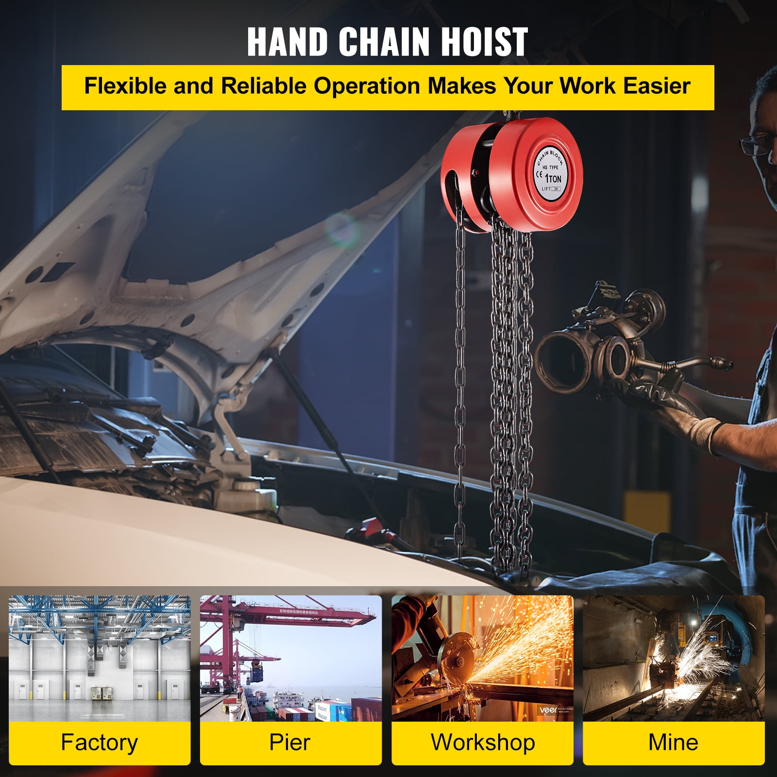 VEVOR 2 Ton Chain Hoist 7FT Puller Block Winch Steel Hardened 4000 LBS Lift 