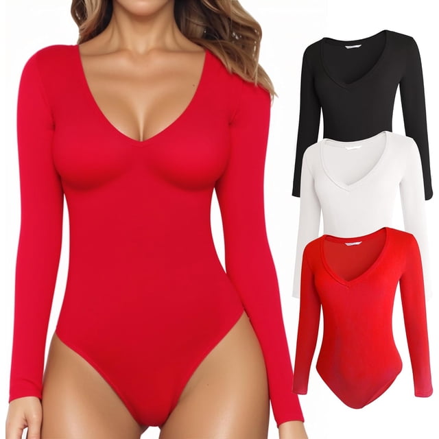 MANGOPOP Body de Manga Corta con Cuello en V Profundo y Manga Larga para Mujer Ropa