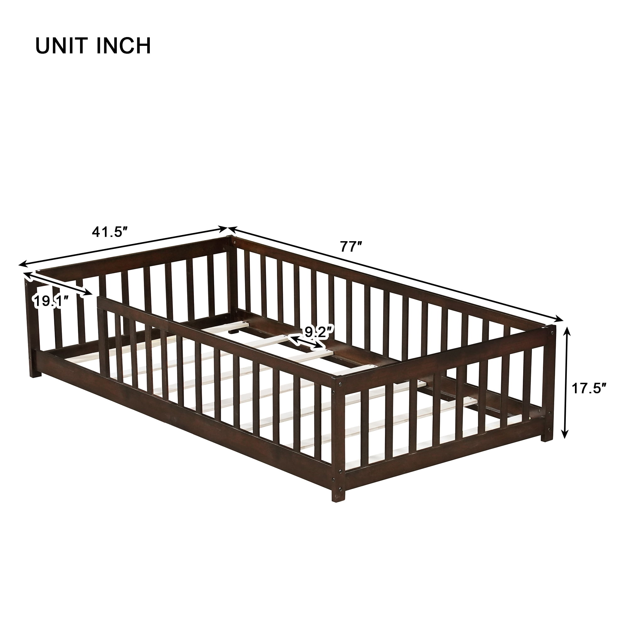Twin Size Rubber Wood Floor Bed with Full Safety Fence No Door, Espresso Montessori Floor Bed with Guardrails, Platform Bed with 7 Support Slats, for Toddler Kids Bedroom