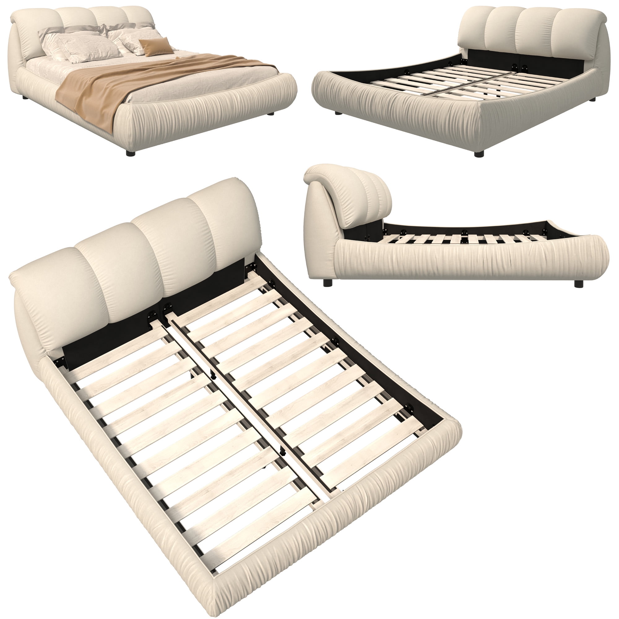 Soft Queen Bed Frame With Headboard,Upholstered Platform Bed Frame With Oversized Padded Backrest And Solid Wood Frame For Bedroom,Apartment Room,Beige
