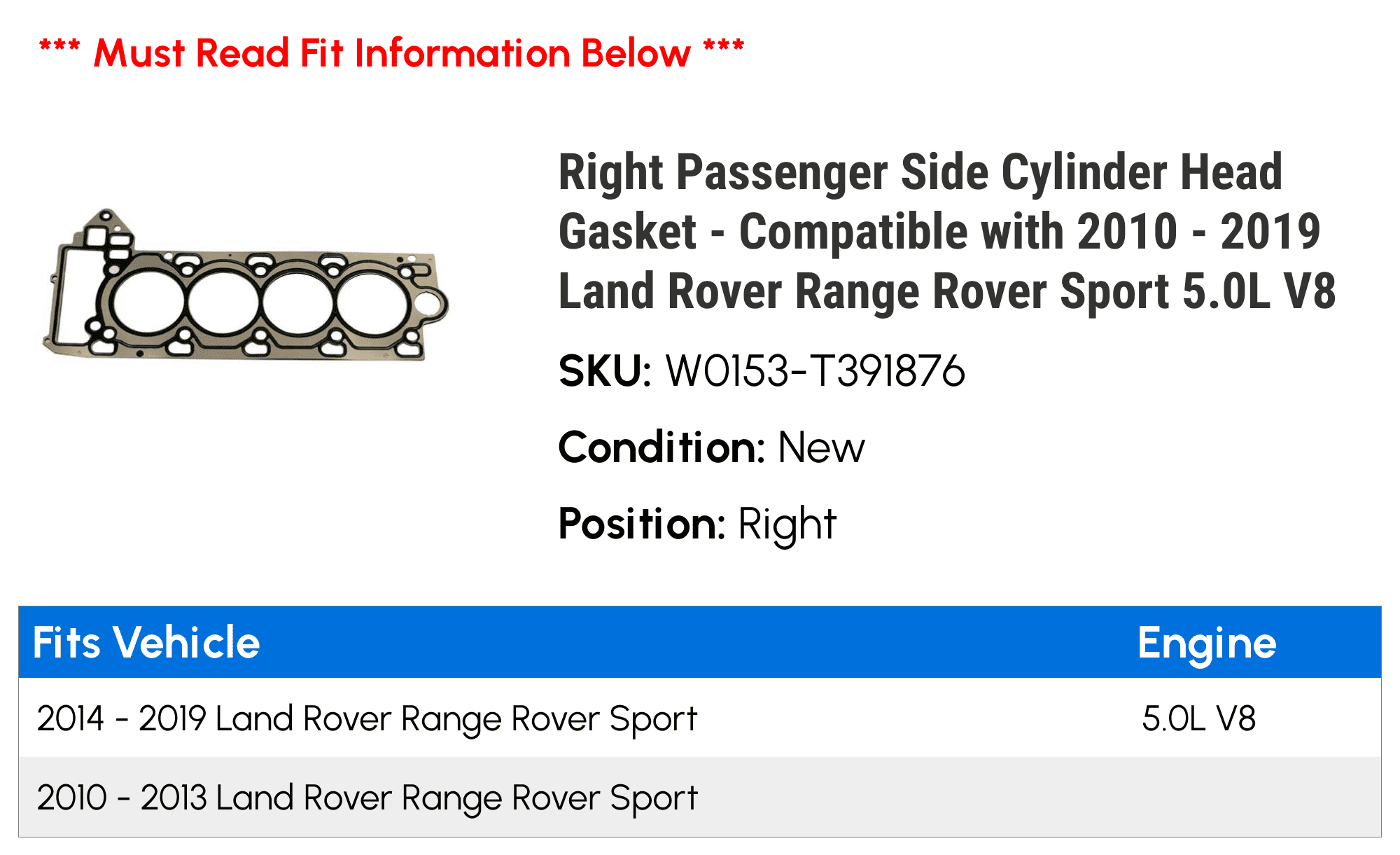 Right Passenger Side Cylinder Head Gasket Compatible with 2010 2019  Land Rover Range Rover Sport 5.0L V8 2011 2012 2013 2014 2015 2016 2017  2018