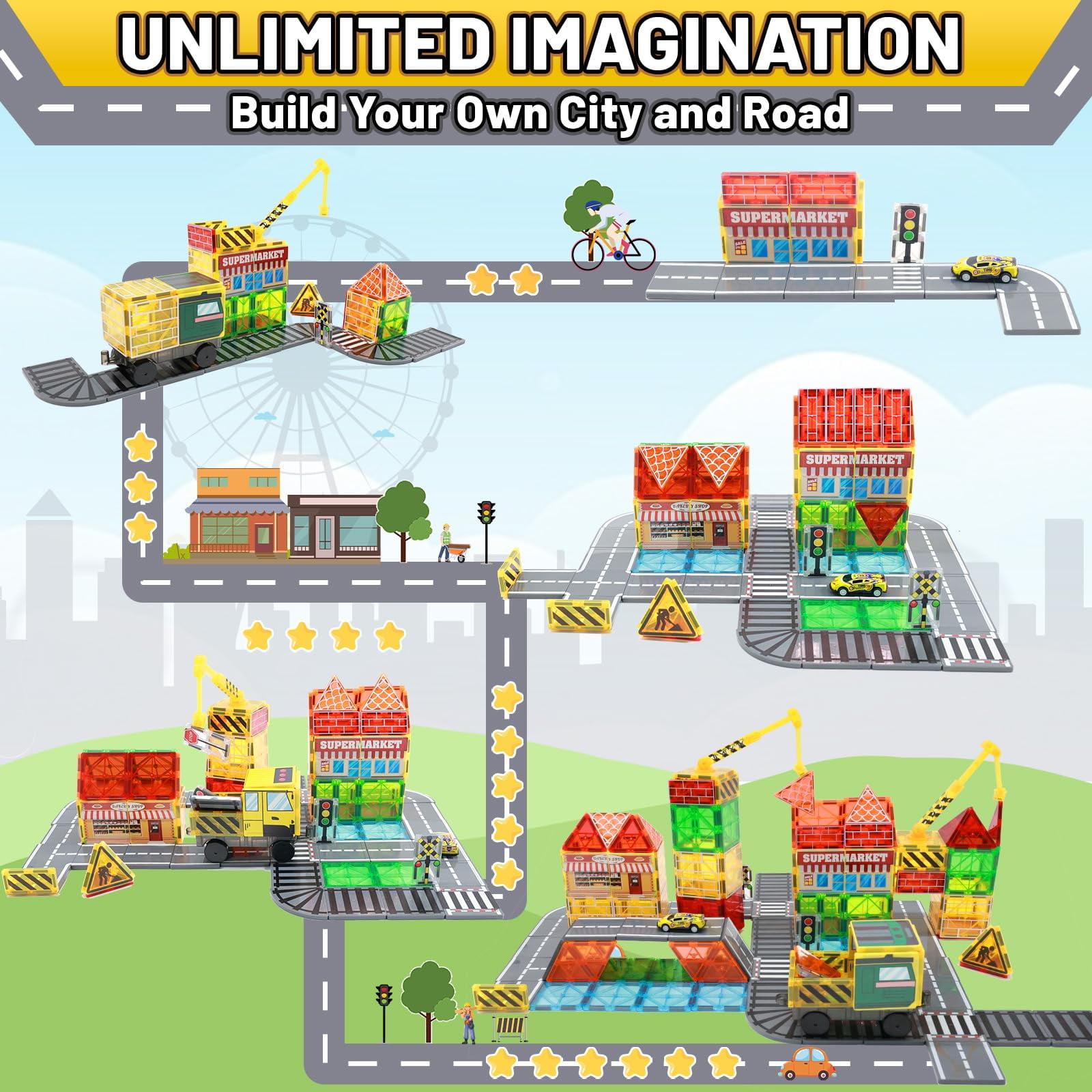 LionFuny 70Pcs Magnetic Tiles Magnetic Building Blocks, Building Toys for Kids Ages 3-5 4-8 8-12 Toddlers STEM Preschool Toy Boys Toys, City Construction Toys Set with 2 Cranes Train Tracks Road Car