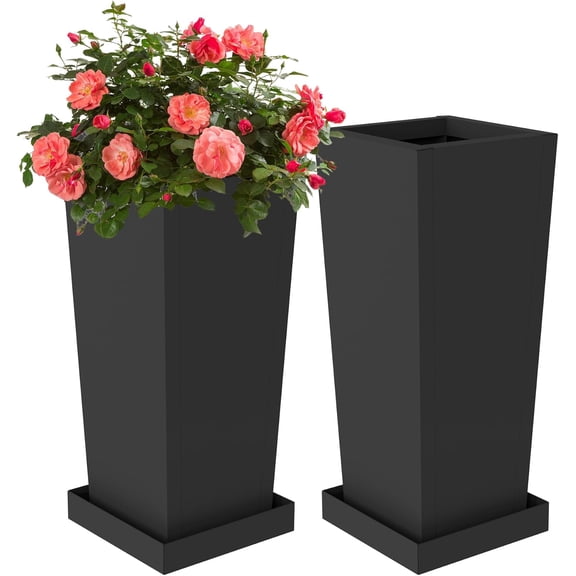 Tall Planters 28" H - 2 Pack, Tapered Pots with Drainage Insert Shelve & Trays, Metal Outdoor Planter Box for Porch, Garden, Patio, Yard (Black)