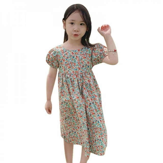 Robes Florales pour Filles Enfants Robe en Coton à Manches Courtes à Imprimé floral Bébé Robes de Printemps Été pour Fête Plage