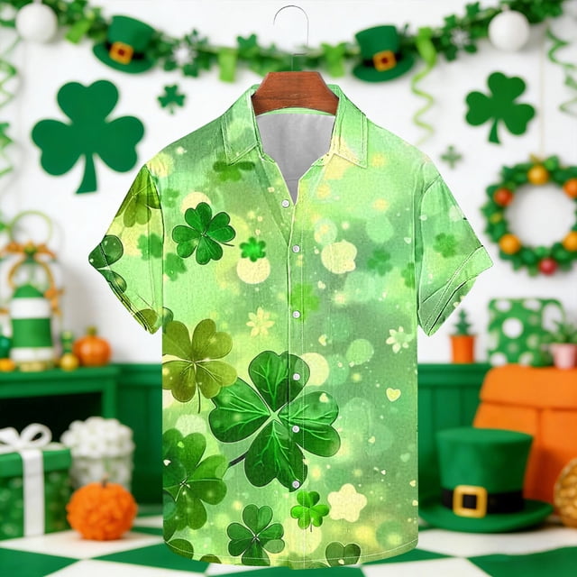 Ceisia Men's St. Patrick's Day Watercolor Four-Leaf Clover Print Short Sleeve Turndown Collar Stretch Casual Shirt Mint Green XL Gifts