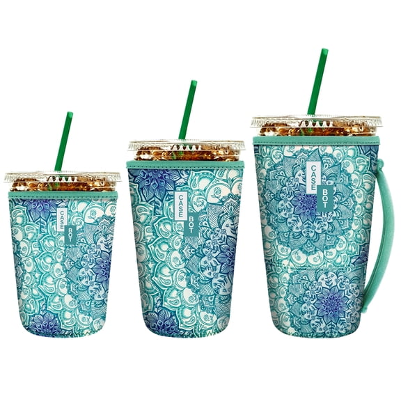 Fintie Reusable Iced Coffee Sleeve 3 Pack, Insulated Cup Covers for Hot and Cold Drinks, Fits Starbucks and Dunkin Cups, S/M/L with Wrist Strap, Emerald Illusions