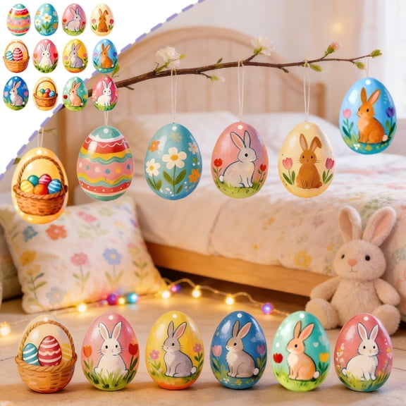 Vggrvlo 12PCS Easter Hanging Eggs Decorations Wood Easter Egg Ornaments Detailed Pastel Hanging Baubles with Unique Finishes for DIY Spring Displays and Easter Decorations