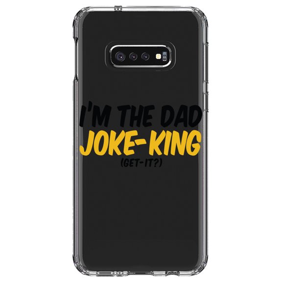 DistinctInk Clear Shockproof Hybrid Case for Samsung Galaxy S10e (5.8" Screen) - TPU Bumper Acrylic Back Tempered Glass Screen Protector - I'm the Dad Joke-King (Get-It?)