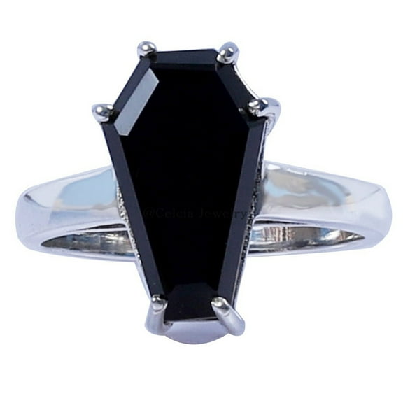 Natural Black Onyx Gemstone Coffin Ring, 925 Sterling Silver Unisex Handmade Jewelry, Wedding Engagement Metaphysical Gifts Ring, Exclusive Ultimate Awesome Ethnic Ring (Black Onyx, Size 7)