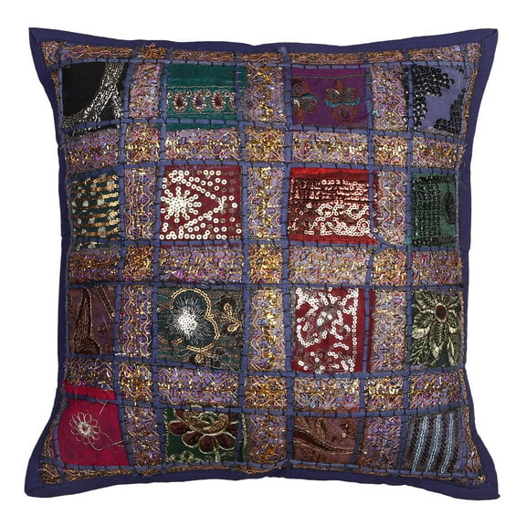 Stylo Culture Indian Decorative Throw Pillow Cover 16 x 16 Sequins Patchwork Dark Blue Ethnic 40cm x 40cm Home Decor Cotton Geometric Square Cushion Cover | 1 Pc