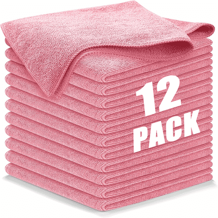 Microfiber Cleaning Cloth 12 Pack 12 x 12 inch Microfiber Towels for Cars Ultra Absorbent Washing Cloth Lint Free Streak Free Cleaning Rags for Car Kitchen and Window (Pink)