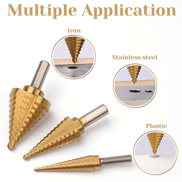 6 Pcs Step Drill Bit Set Titanium HSS Unibit Drill Bits from 1/8 inch to 1-3/8 inch Stepped Up Bits & Center Punch, Gold