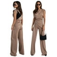 thumbnail image 3 of Women'S Round Neck Pleated Sleeveless Casual Suit,Sleeveless Crewneck Vest Wide Leg Pantsuit Business Sets with Pocket Khaki M, 3 of 8