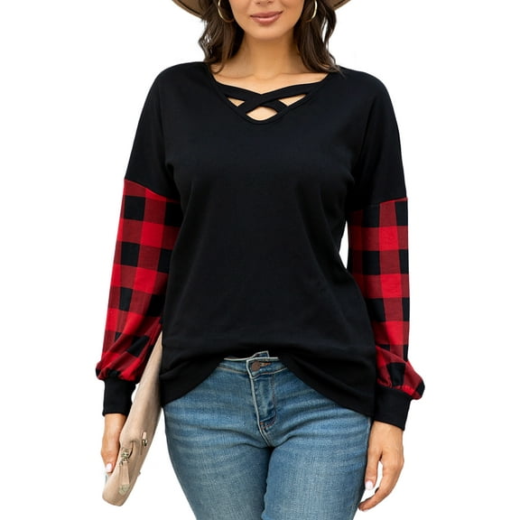 CALIPESSA Womens Fall Buffalo Plaid Color Block Criss Cross Tops Long Sleeve Casual Black Tunic Shirts