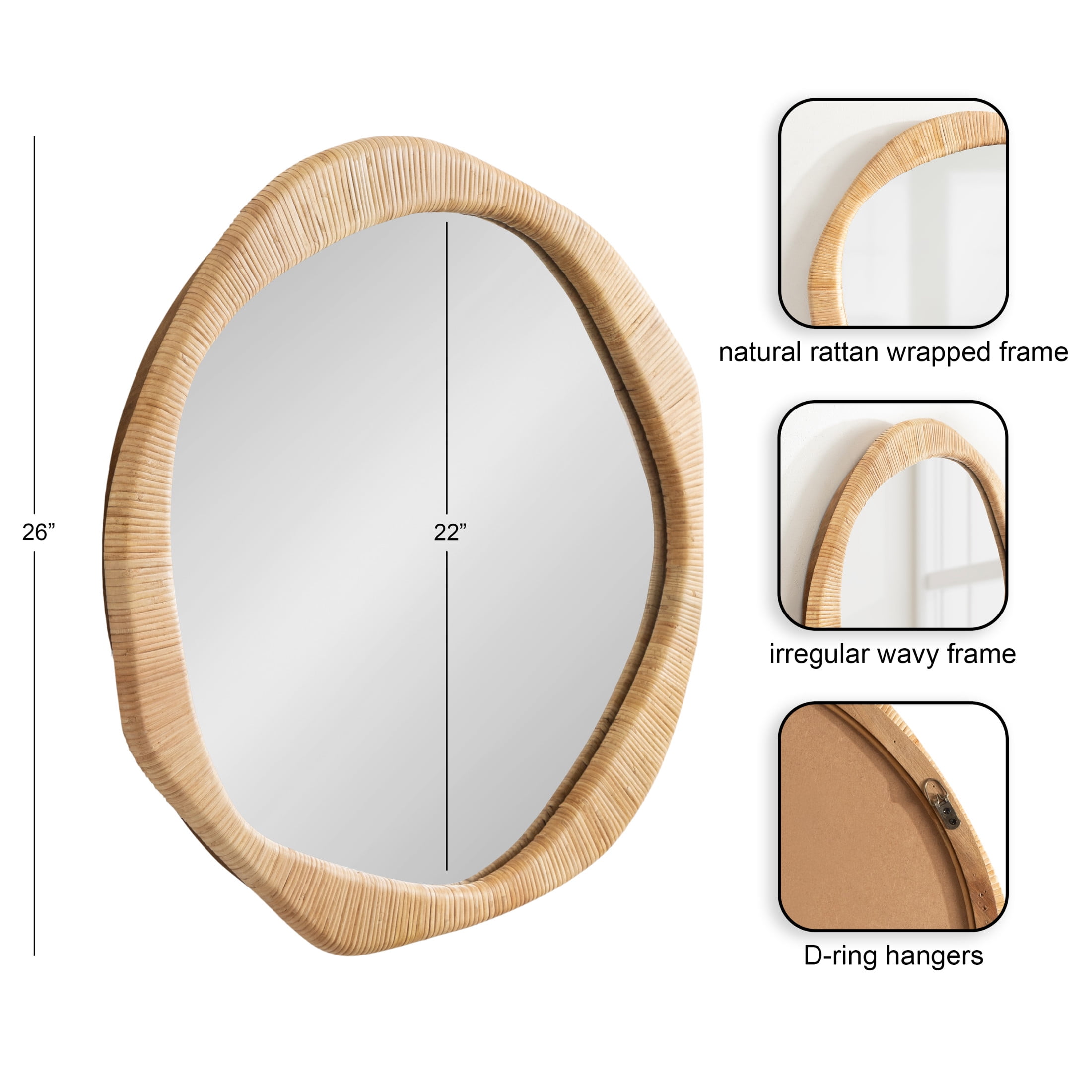 Kate and Laurel Rahfy Boho Irregular Round Rattan Mirror, 26 Inch Diameter, Natural Rattan, Decorative Wavy Circle Mirror with Wrapped Authentic Cane Frame for Bathroom Vanity Decor