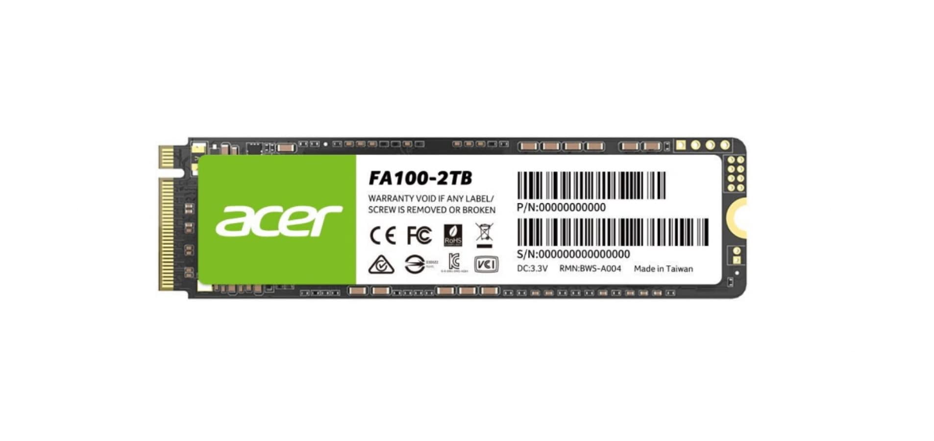 内蔵型SSD acer FA100 2TB M.2 SSD Acer FA100 2TB SSD - M.2 2280 PCIe Gen3 x 4 NVMe Interface, 8 Gb/s